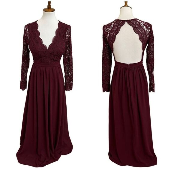 Lulus Awaken My Love Long Sleeve Lace Maxi Dress Burgundy Size Small - Picture 1 of 8